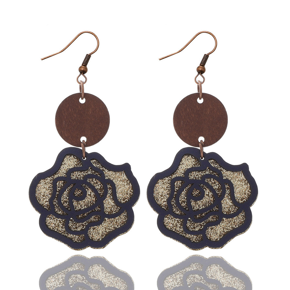 Wholesale Rose Flower Vintage Double Leather Wood Chip Earrings